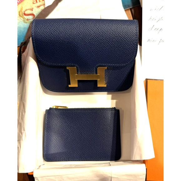 Hermes Constance Slim Mini Bag Wallet Blue Navy Sapphire Epsom Gold hw 2025 NEW - Picture 1 of 16